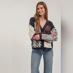 V Neck Patchwork Cable Knit Cardigan